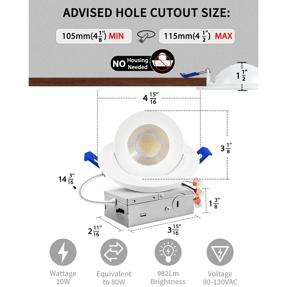 Adetu 4 Inch LED Recessed Light 10W 982LM 5CCT Gimbal White 8 Pack Dimmable